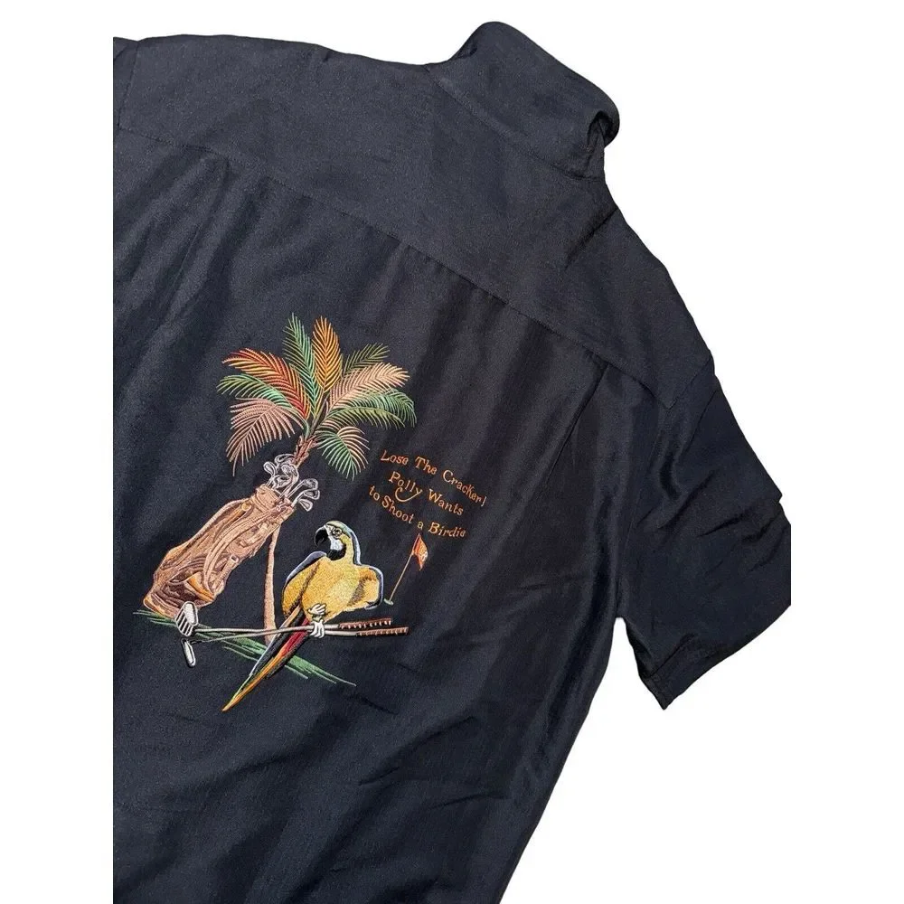 Caribbean Shirt Mens Extra Large Black Hawaiian Polly Wants To Shoot A‎ Birdie